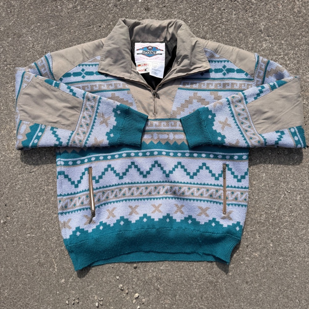 90s Spyder Windstopper Sweater Mens XL Aztec 1/4 Zip Teal Blue Wool Fair Isle - Picture 1 of 13